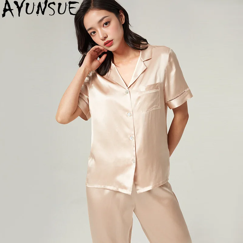 AYUNSUE 19Mm 100% Mulberry Silk Sleepwear Women Summer Home Clothes Pajama Set Short Sleeve Top Casual Pants Pijama Feminino