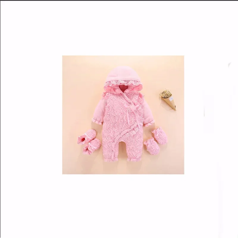 Coslan Baby Hooddied Jumpsuit 0 3 6 9 Months Infant Romper Newborn Baby Girl Clothes Fall Cotton Lace Princess Style Socks Headb
