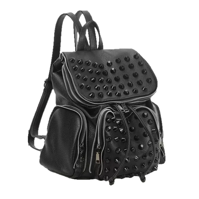 Fashion casual leather men's and women's bags Large capacity personality riveted bag backpack travel bag Student computer bag