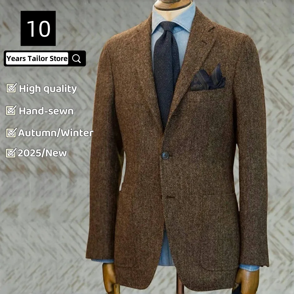 

Herringbone Pattern Jacket Men's Slim Fit Suit Jacket Retro Classic Brown and Gray Plaid Woolen Coat Gentleman Runway Style