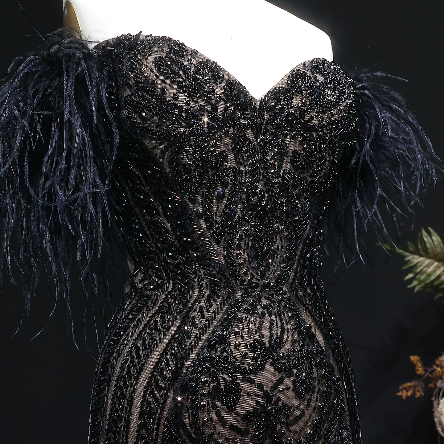 Sharon Said Luxuriöse Meerjungfrauen-Abendkleider, schulterfrei, mit Federn und Perlen, saudi-arabische Damen-Partykleider SS792, maßgeschneidert – Detail 10