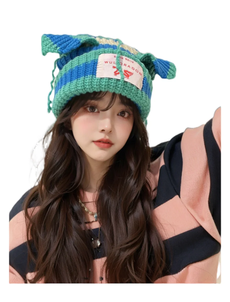 Stripe Hat Niche Design Personalized Cat Pig Ears Knitted Wool Hat Cute Warm Winter Hats for Men Women Loverboy Beanies Skullies