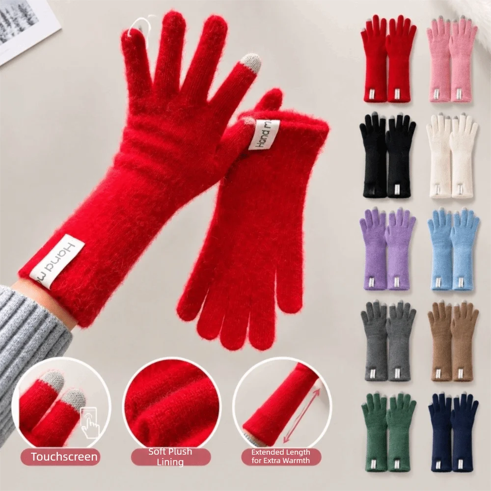 Casual Warm Flannel Gloves Faux Fur Cold-proof Long Rabbit Fur Gloves Candy Colored Comfortable Plush Driving Gloves Cycling