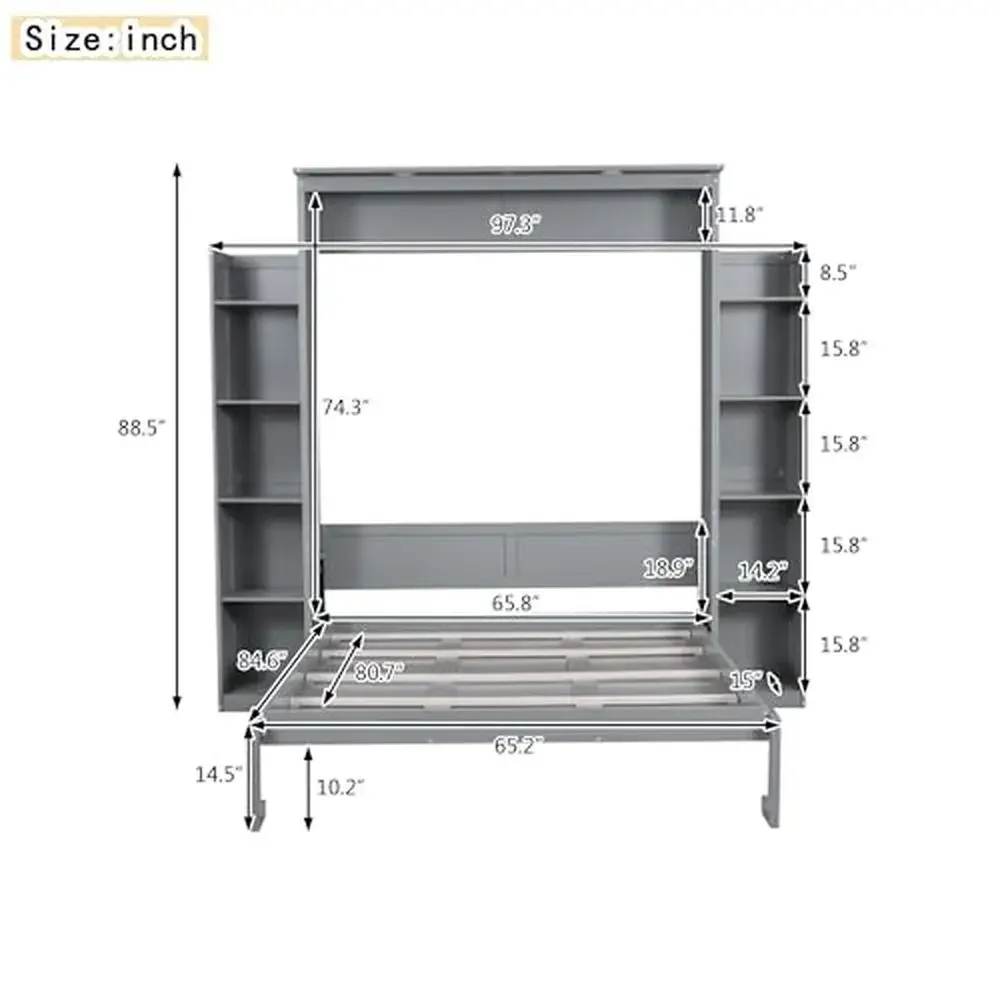 Queen Size Murphy Wall Bed Frame with Storage Shelves LED Lights Industrial Grade Foldable Cabinet Guest Room Office Organizer