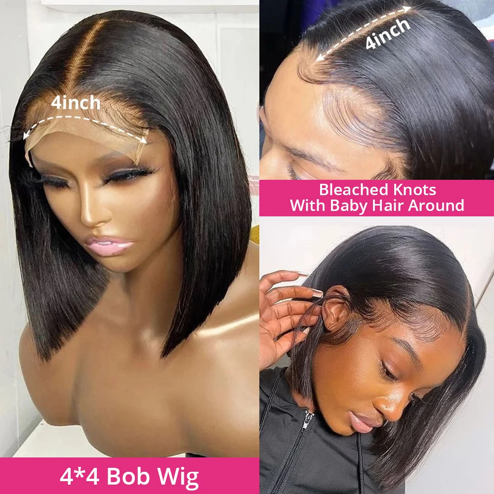 Straight Bob Brazilian Hair Lace Front Wig Short Bob Wig PrePlucked Natural Color 4×4 Lace Frontal Human Hair Wig For Women 180%