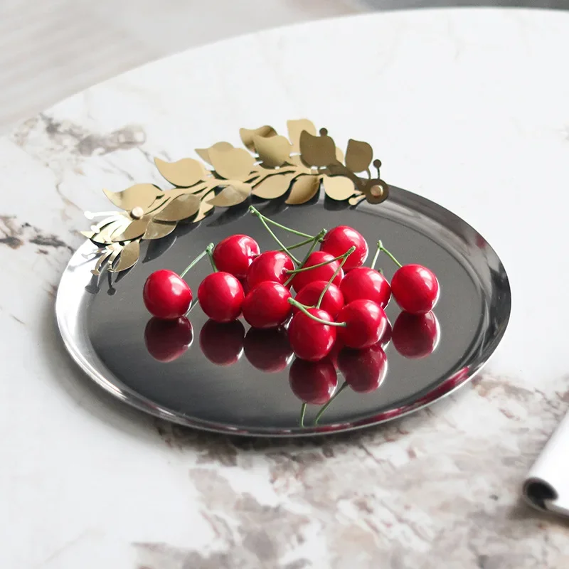 Vintage Mirror Face Cake Tray Stainless Steel Storage Plate Household Dessert Plate Embossed Storage Plate Home Decoration