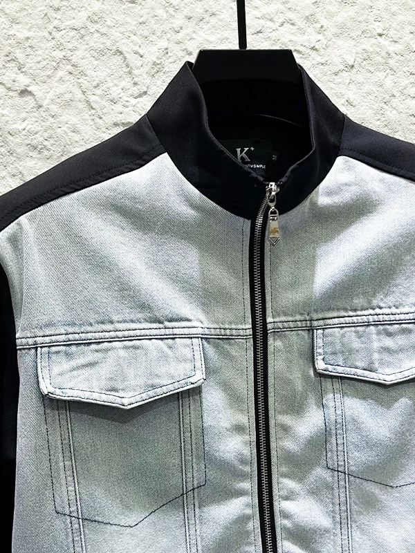 2025 Men's New Personality Contrast Color Design Zipper Stand Collar Jacket Men's Fashion Loose Versatile Splicing Denim Jackets