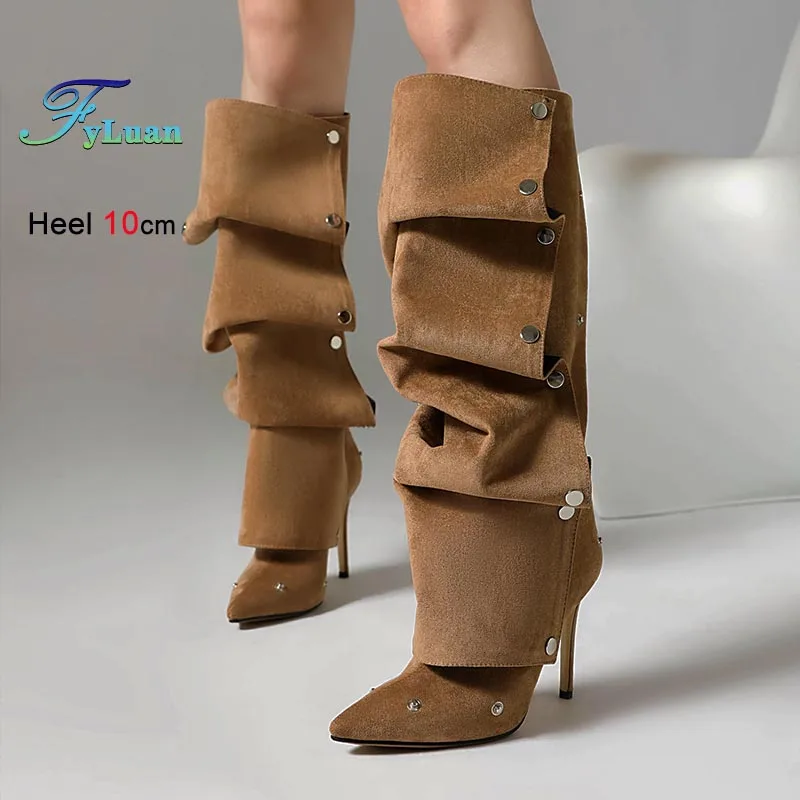 

New Fashion Woman Knee-high Pleated Boots Rivet Frosted Tall Boots Sexy Stiletto Knight Boots Autumn Winter Lady Shoes Long Boot