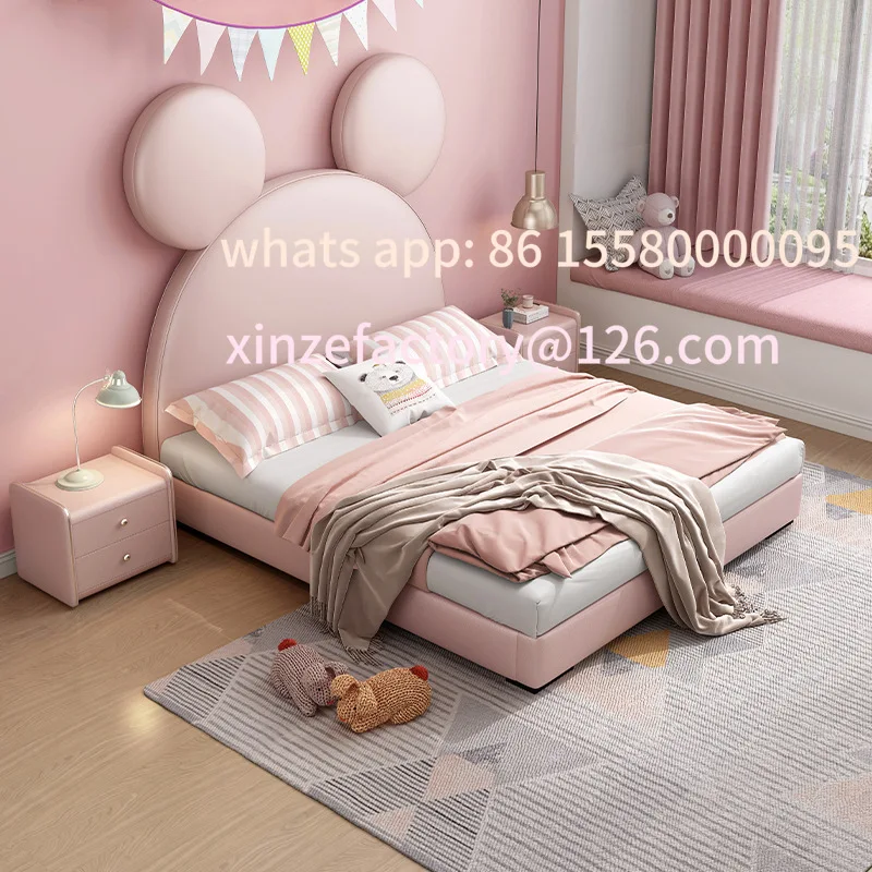 سرير جلدي من الخشب الصلب للأطفال قابل للتخصيص باللون الوردي