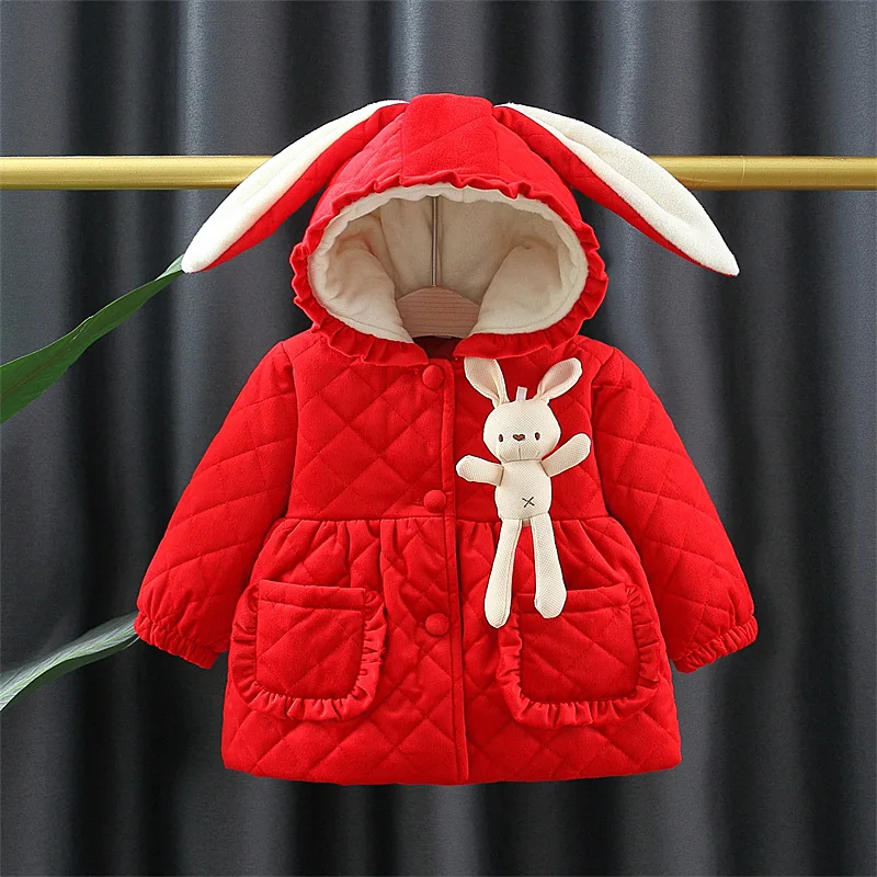 Winter 0-3 Girls\' Cotton Jacket Girls\' 3D Cartoon Rabbit Hooded Ears Solid Color Cute Plush Cotton Coat