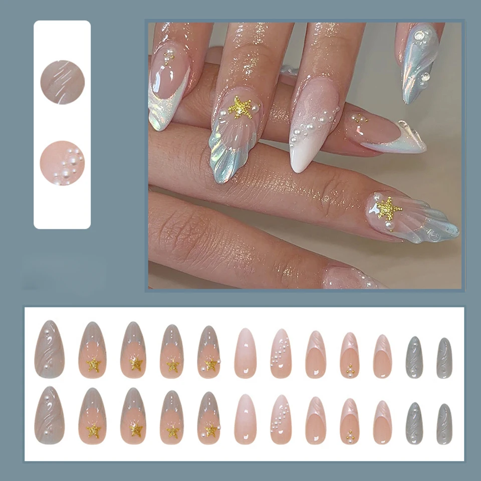 24 piezas uñas postizas largas stiletto negras con moño plateado asimétrico, set de uñas con polvo 4