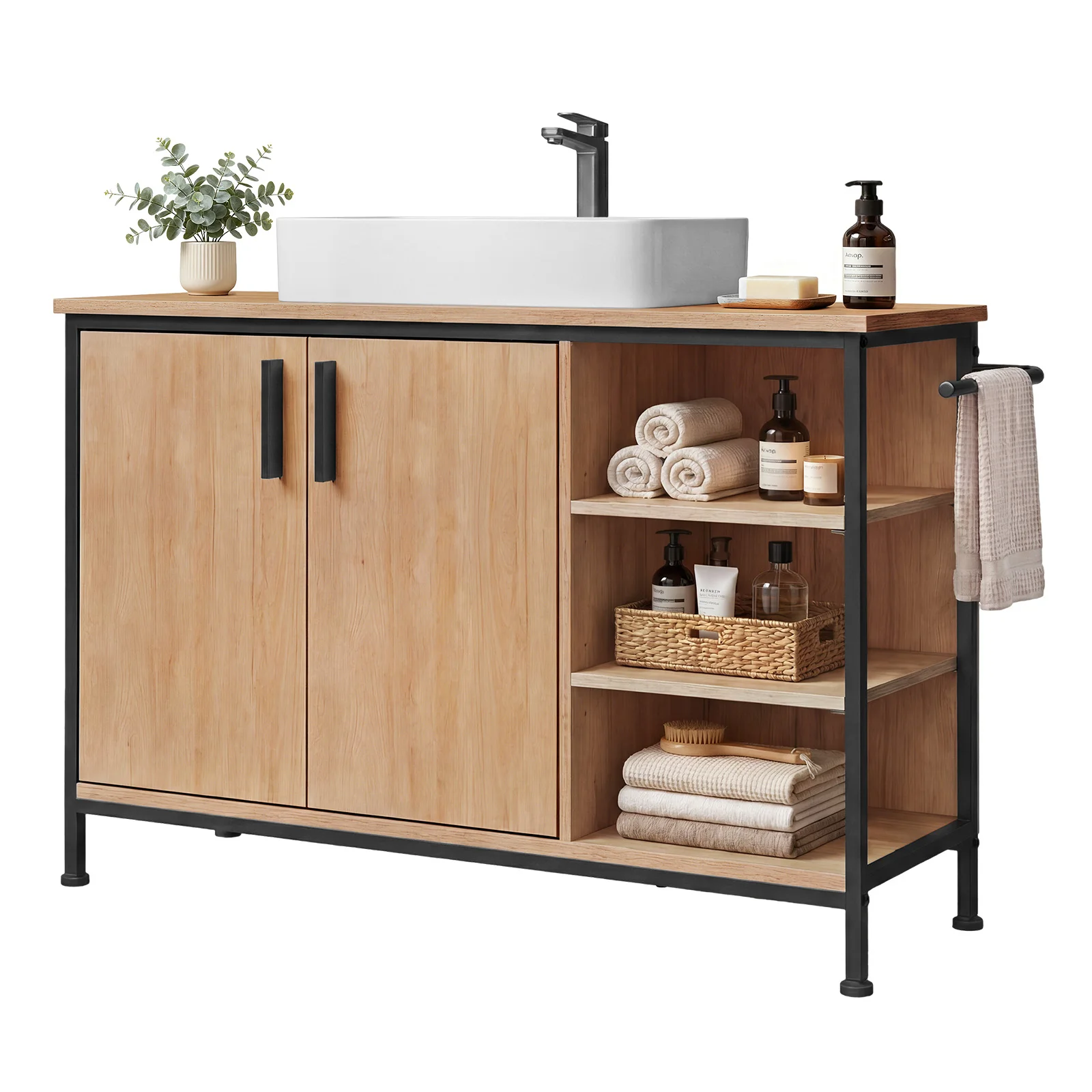 EUGAD Badezimmerschrank, freistehender Waschtischunterschrank mit Handtuchhalter, 2 Türen, 3 offene Fächern, verstellbaren Regalen, 90 x 30 x 60 cm