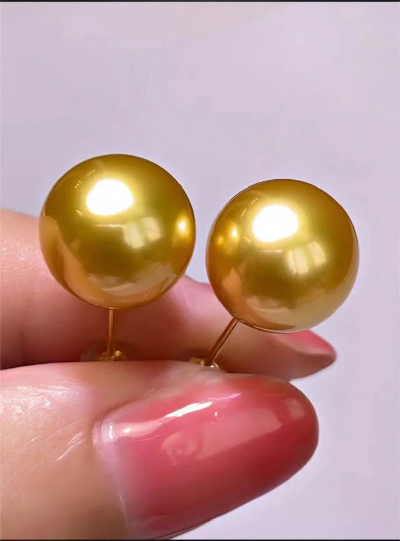 

Noble luxury AAAA+++ 8-9mm 9-10mm NEW Gorgeous Round south sea Golden pearl earring 14kp yellow gold gift box