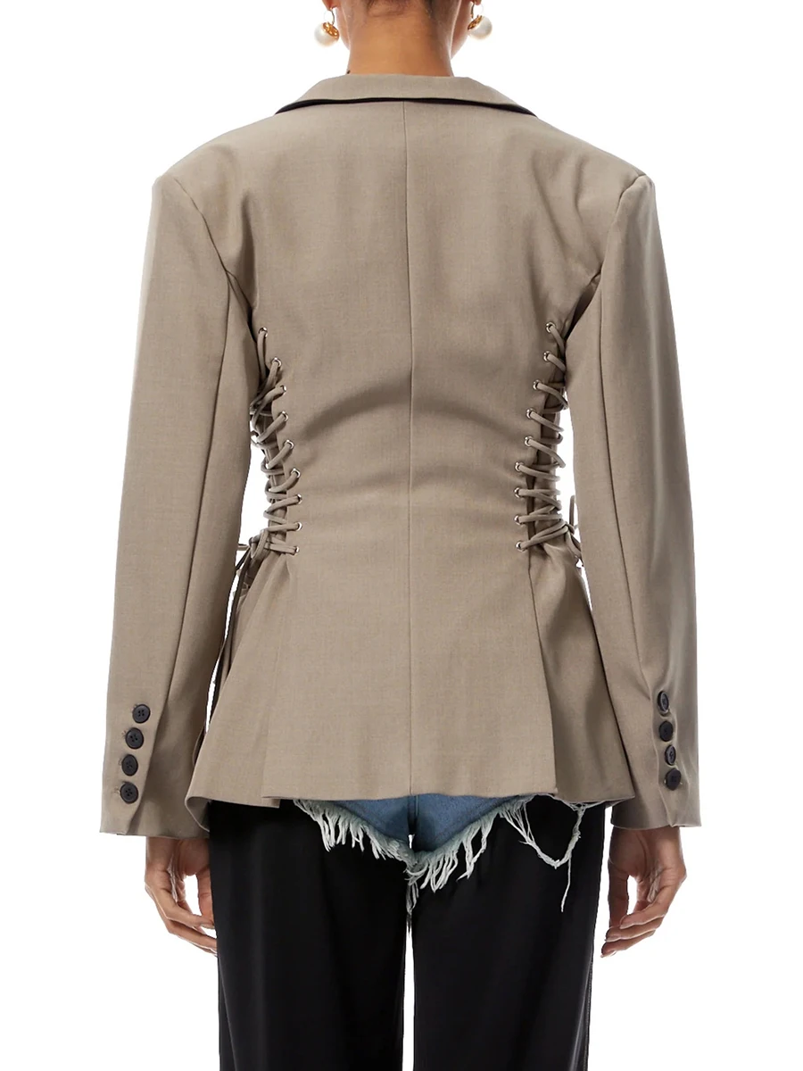 VGH elegante chaqueta de diseñador con cordones laterales para mujer, cuello con muescas, manga larga, retazos, un solo botón, chaquetas de calle adelgazantes