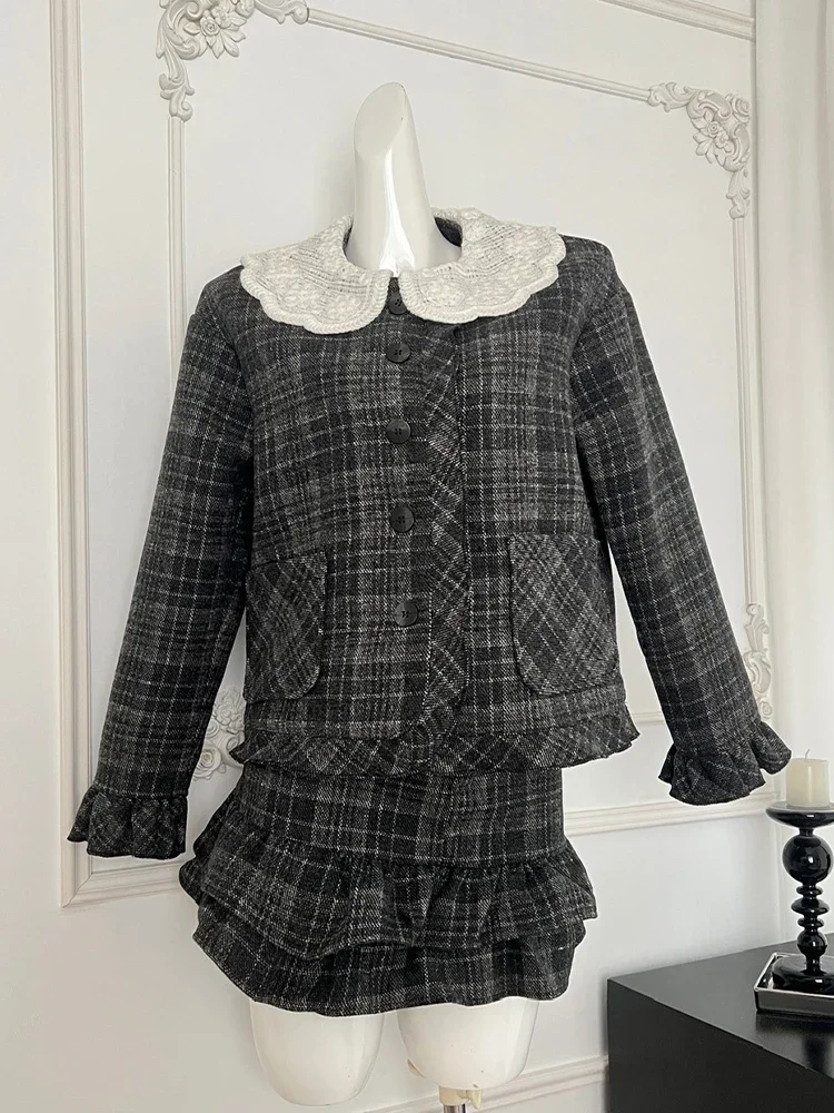 Winter Women Shoujo Mori Girl Old Money Plaid Birthday Outfits 2 Piece Set Long Sleeve Peter Pan Collar Jacket + Mini Skirts