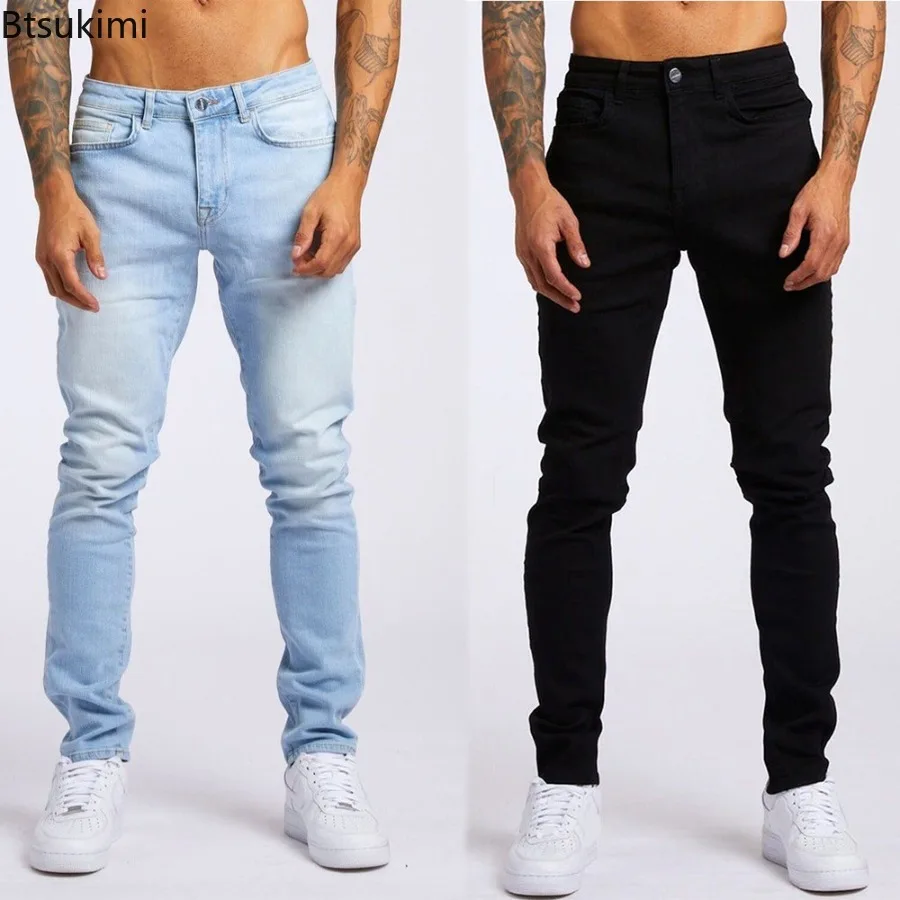 New Men's Washed Jeans Vintage Pencil Pants Mid Waist Pockets Button Zipper Fly Basics Ankle Length Trousers Casual Denims Jeans