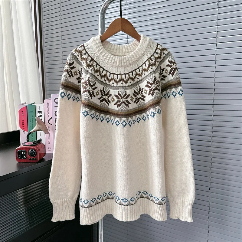 Maglioni pullover da donna Maglioni lavorati a maglia casual Modello geometrico natalizio Maniche lunghe Girocollo Elegante vestibilità ampia 2025 Autunno