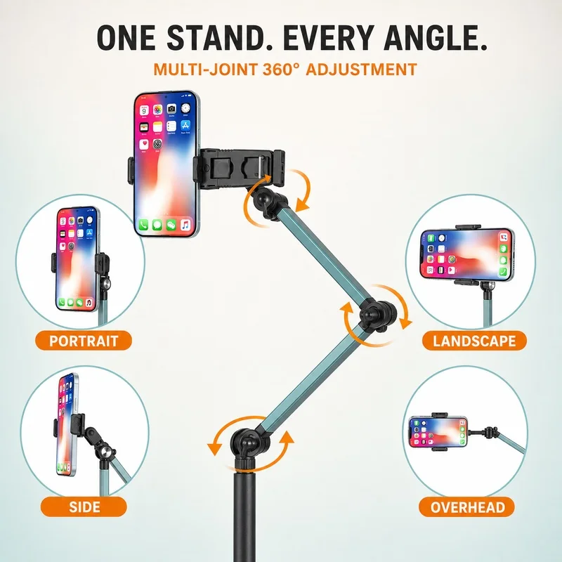 Floor Boom Arm Phone Stand, Flexible Overhead Smartphone Tablet Holder for Mirror Live Streaming, Filming and Content Creation