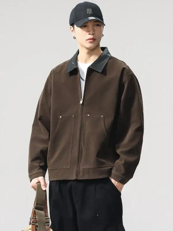 Свободная повседневная куртка из искусственной кожи контрастного цвета, рабочая одежда с лацканами, осеннее новое мужское пальто на молнии