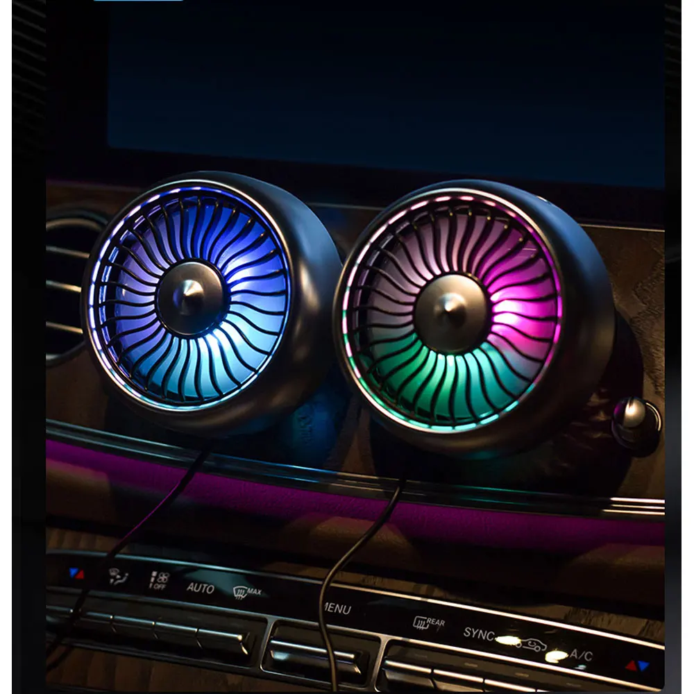Mini Car Fan Usb Charging Car Air Outlet Electric Fan Multifunctional Led Light Seven-Blade Turbo Fan Car Electronic Supplie
