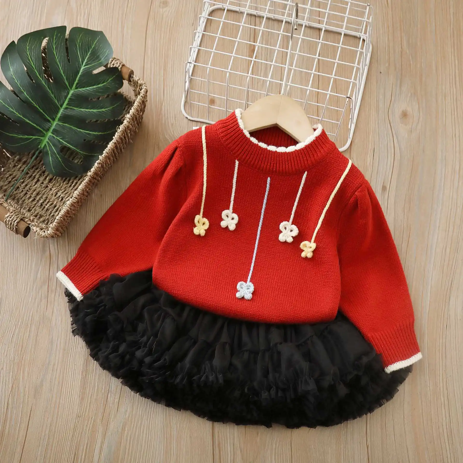 

Girls Dress Clothes Sets Spring Autumn Children Woolen Jersey Sweaters Tops Skirts Kids Party Suit For Baby Knitted Outfits 6Y