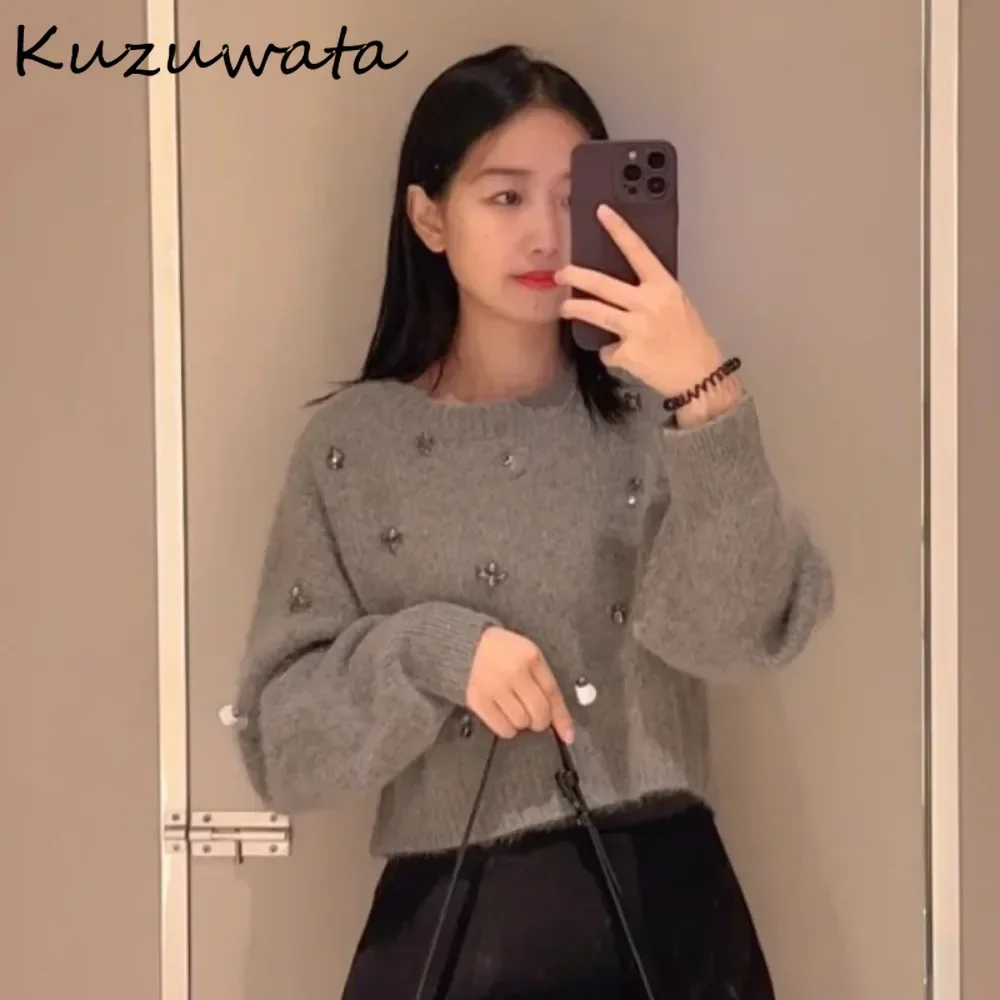 Kuzuwata New Sweet O Neck Long Sleeve Gentle Pull Femme Vent Beading Minority Pullover Tops Japan Slim Small Fellow Cute Knitted