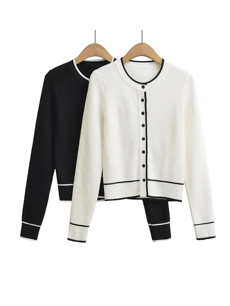 

Women's Slim-Fit Ribbed Knit Cardigan with Color Block Design Stretchy and Single-Breasted