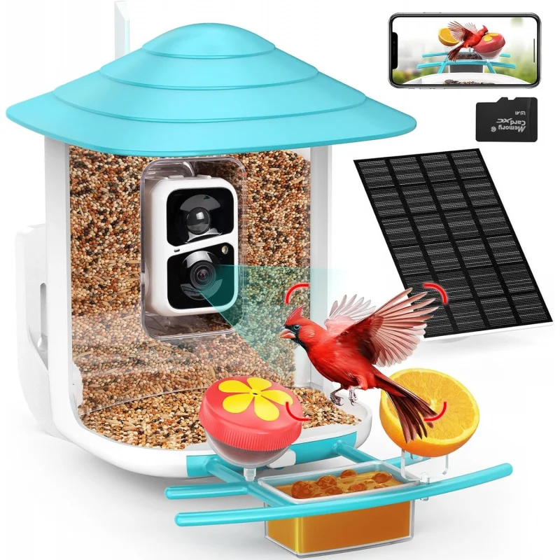 Smart Bird Feeder with Camera Solar Panel SD Card 4-in-1 Perch, 160°View 1080P Auto Detect & Notify, AI Identify 10000  Bird Wat