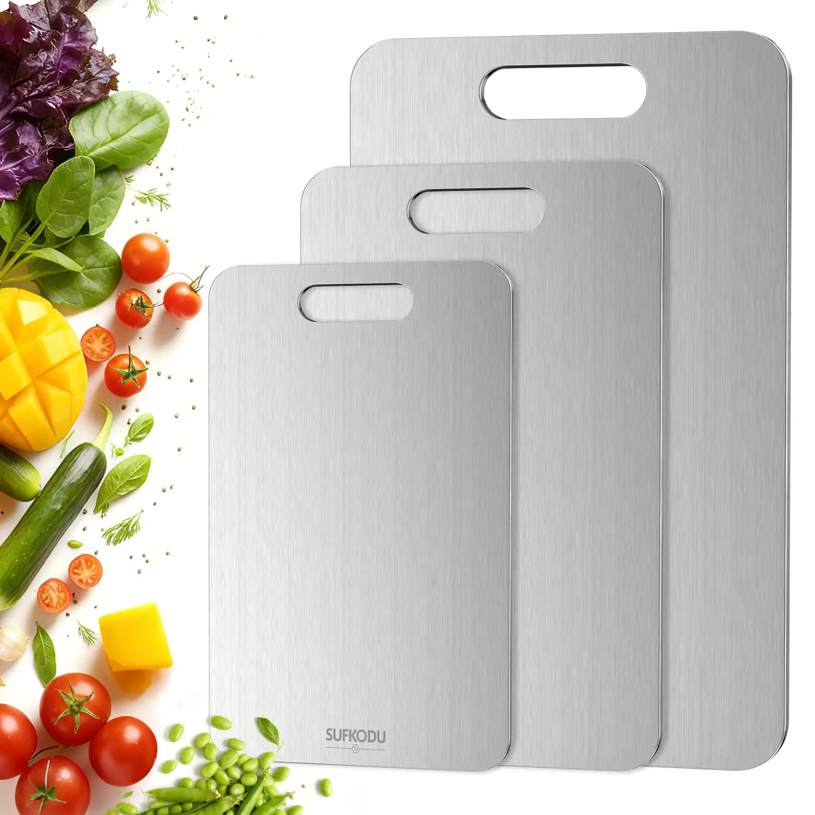 Stainless Steel 3pcs Cutting Boards - BPA-Free Dishwasher Safe Non-Slip Kitchen Boards w/Juice Groove, Rustproof & Space Saving