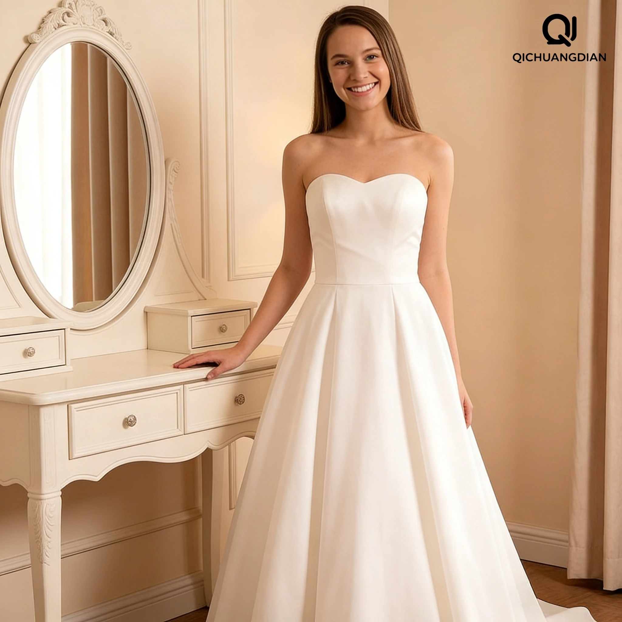

Customized Simple A-Line Satin Strapless Bridal Wedding Dresses Lace Up Sleeveless Sweep Train vestidos de novia Gown For Bride