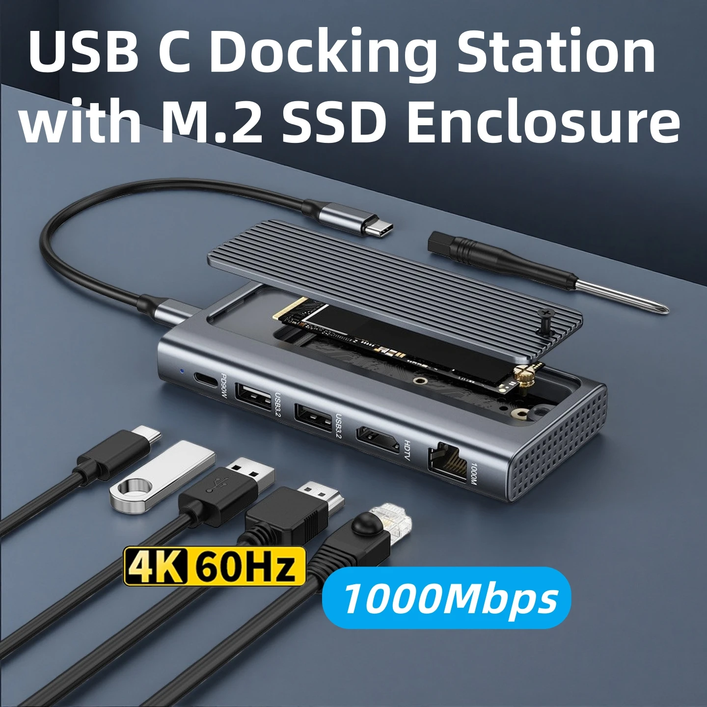 

6-in-1 USB C Hub with M.2 SSD Enclosure, USB3.2 HDMI-compatible2.0 RJ45 Gigabit Ethernet Multiport Adapter for Macbooks Laptop
