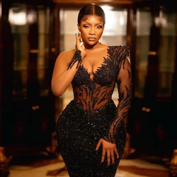 Glitter Black Luxury Mermaid Prom Dresses Sequins Sparkly Long Sleeves African Women Elegant Evening Party Gowns Custom Made