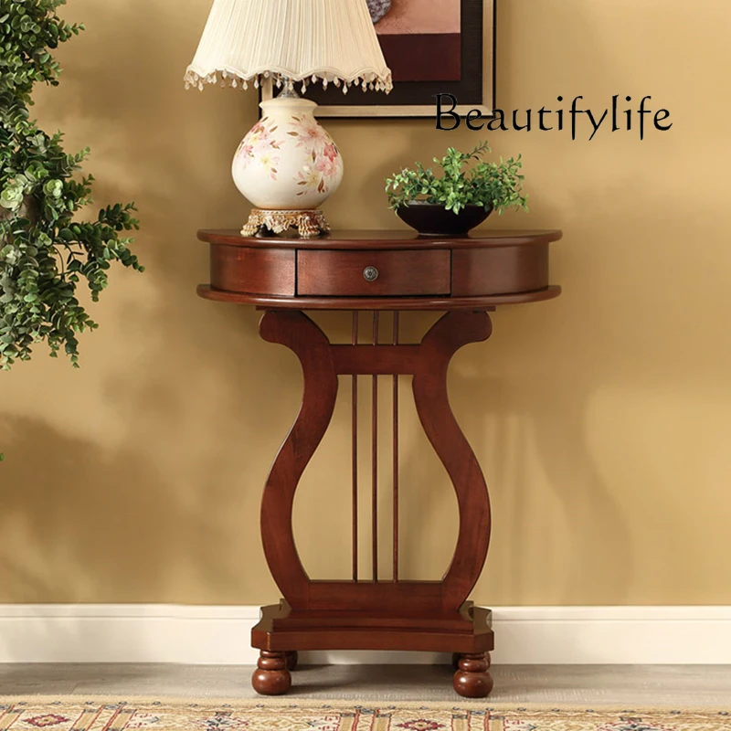 American-Style Solid Wood Entrance Cabinet European-Style Shelf Semicircle Modern Wall Console Narrow Table