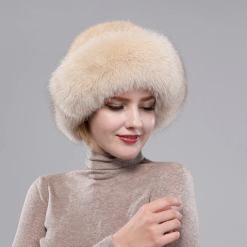 2024 New Girls Quality Soft Genuine Mink Fur Hats Women Winter Luxury Knitted Real Mink Fur Bomber Hat Natural Warm Fox Fur Cap