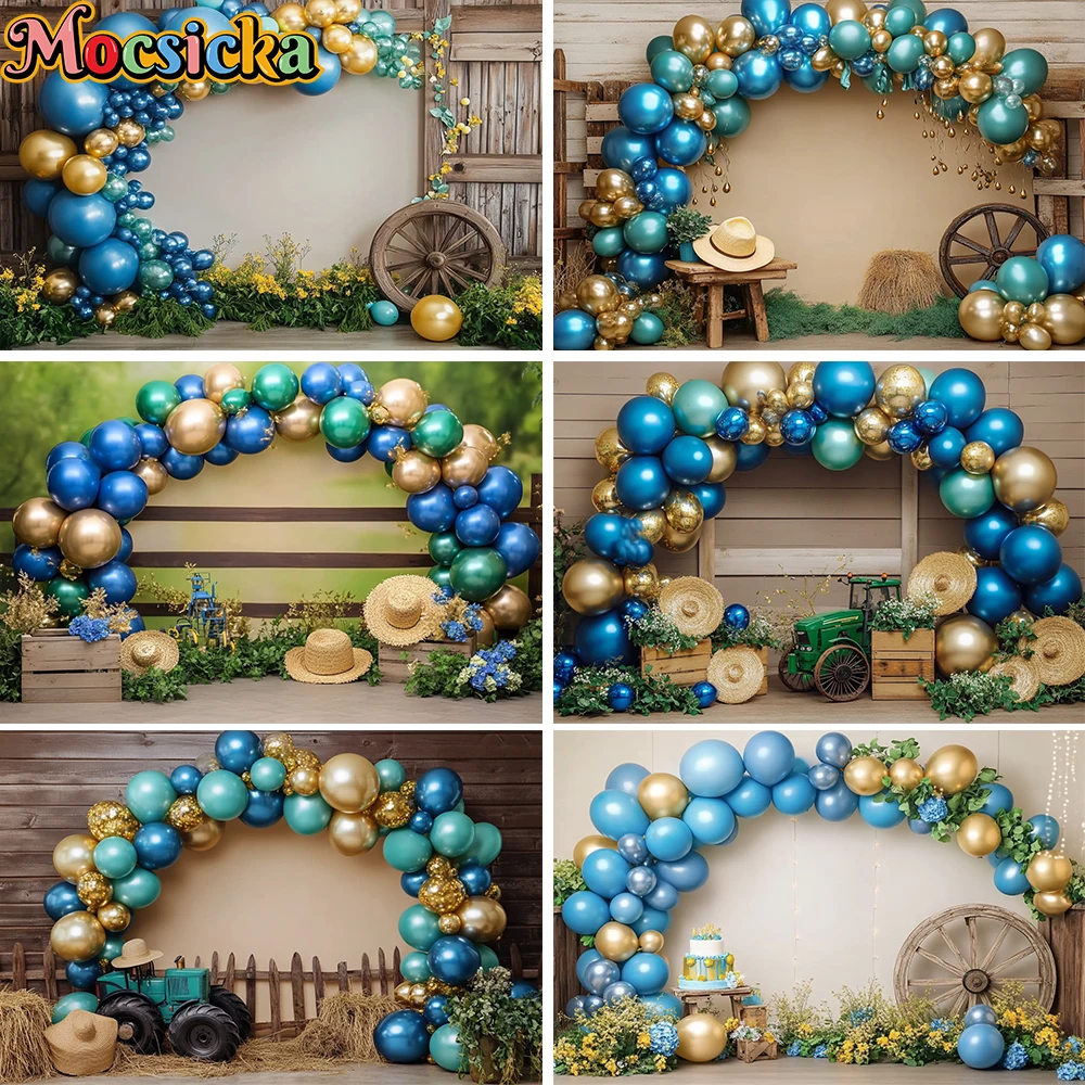 Mocsicka Farm Arch Balloon Background Photography Rustic Barn Green Tractor Backdrop Decor Boy Family Birthday Party Photostudio