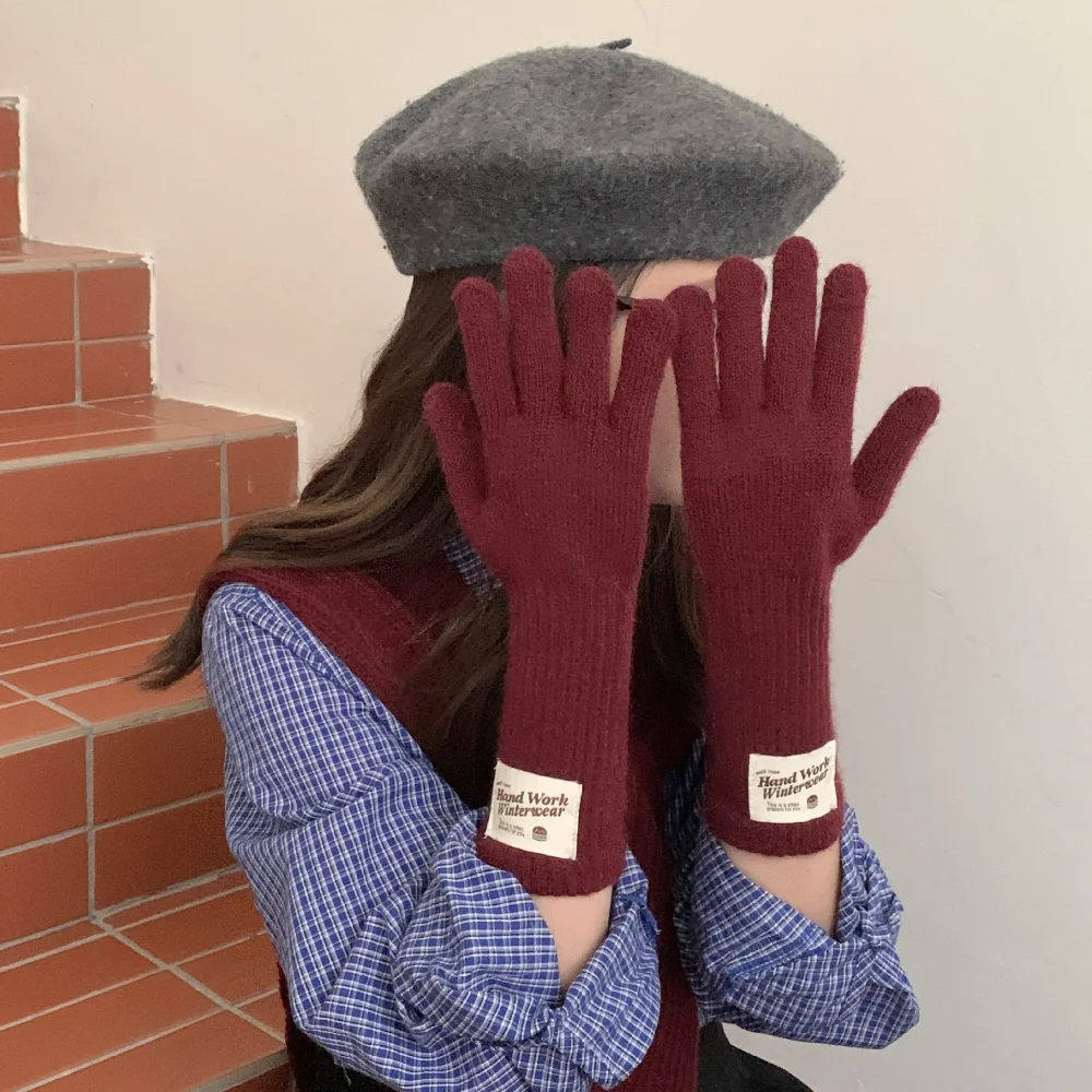 Winter Solid Color Women's Gloves Warm Knit Long Windproof Five Finger Knitted Mittens Cycling Korean Warmers Wrist Sleeves