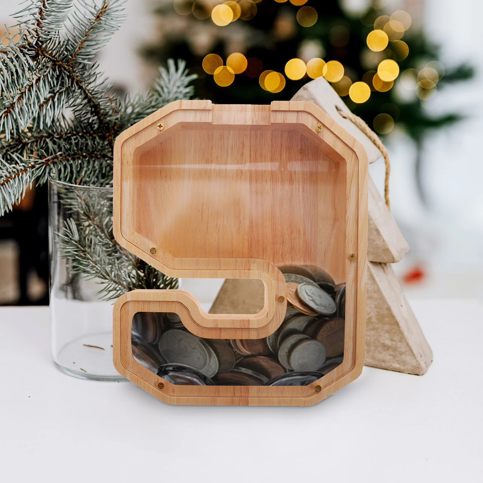 1pc 子供用透明木製貯金箱子供用コイン収納デスクトップ装飾壊れない木製貯金箱家の装飾