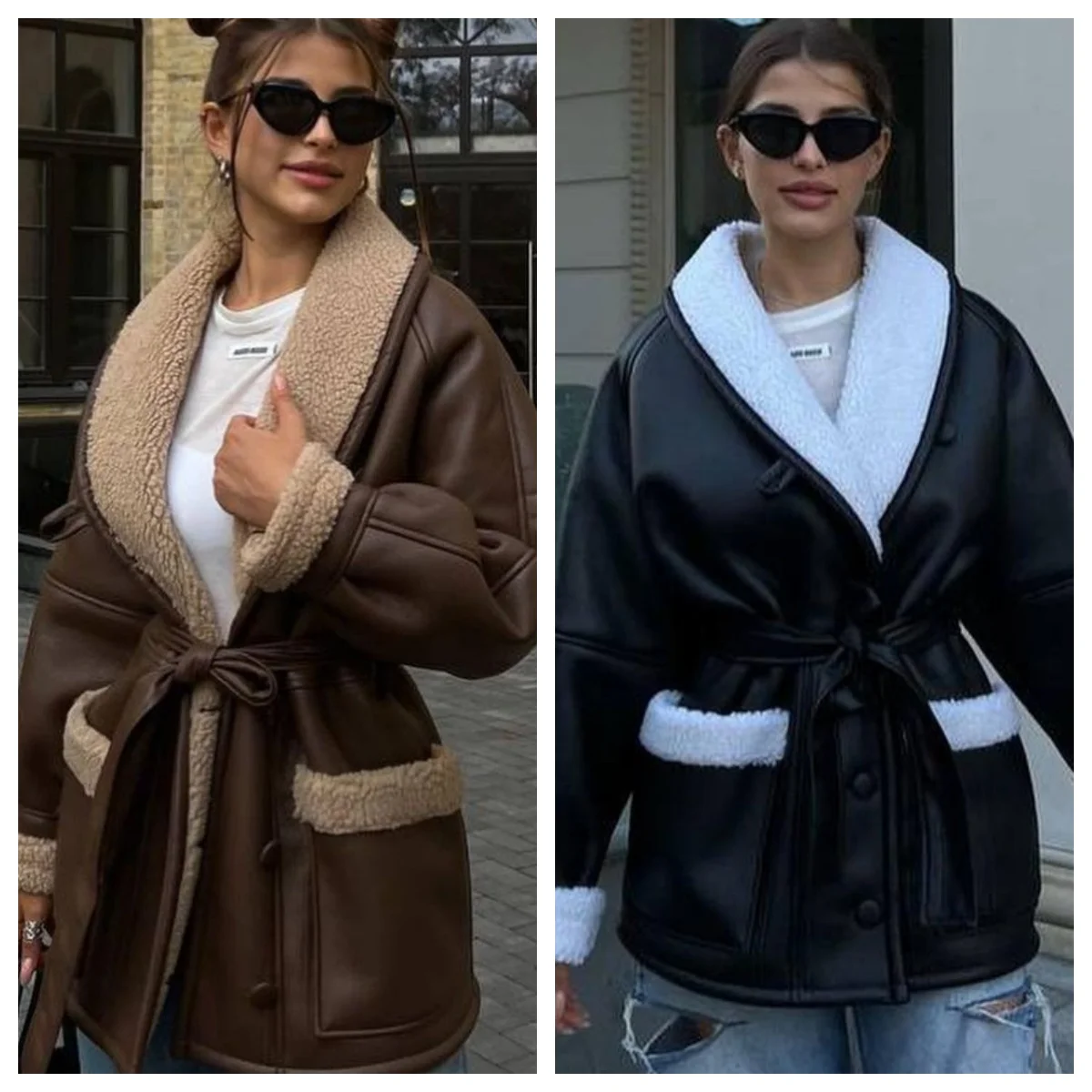 Winter Fur Leather Thick Jacket for Women Fake Shearling Single Breasted Turn-down Collar Belts Coat Female Long Sleeve Ouwear