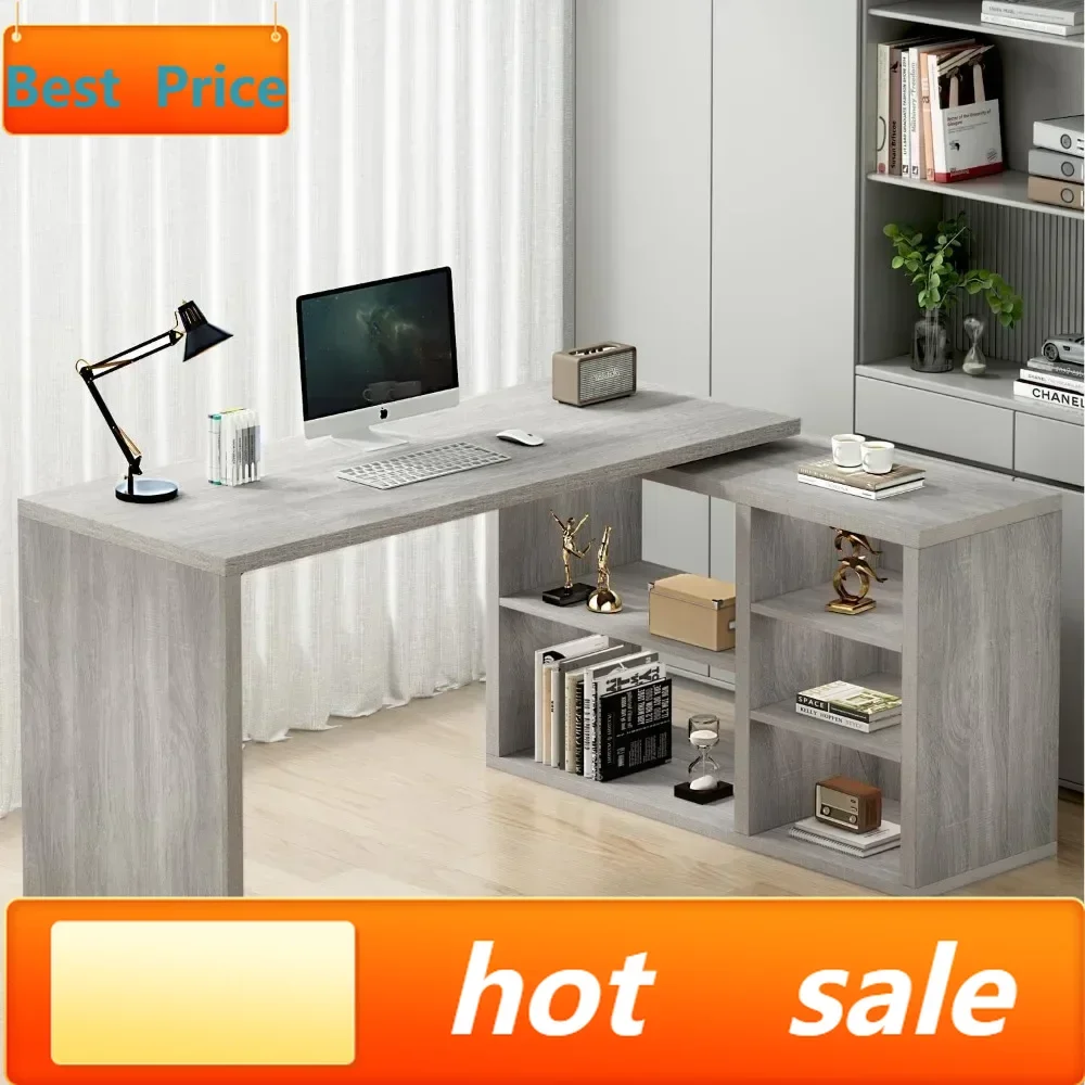 Mesa de canto em L cinza, sucesso de vendas, com prateleiras de armazenamento, mesa de computador reversível em L com armário de armazenamento, ajustável.