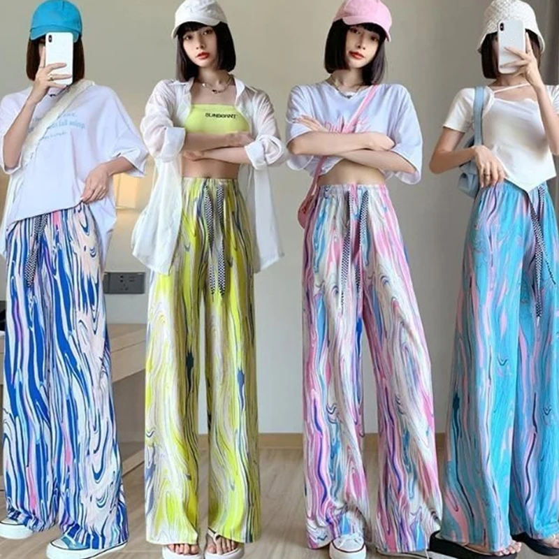 

Fashion Casual Sweet Loose Rainbow Striped Tie-Dyed Straight Wide-Leg Pants For Women