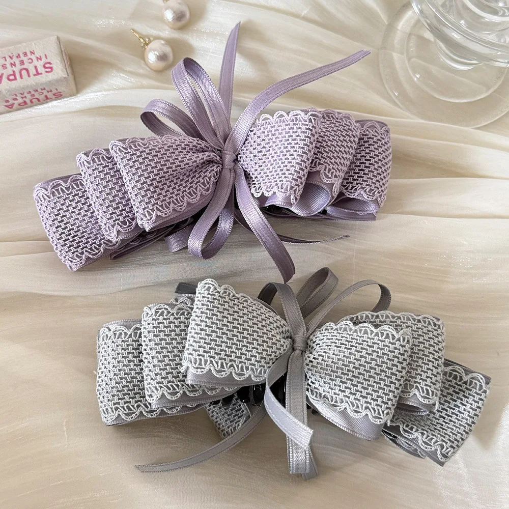 France High Quality Classic Lace Ribbon Hair Claws Hand Weave Style Muti Layered Pure White Silk Purple Gray 2 Color Hair Crabs
