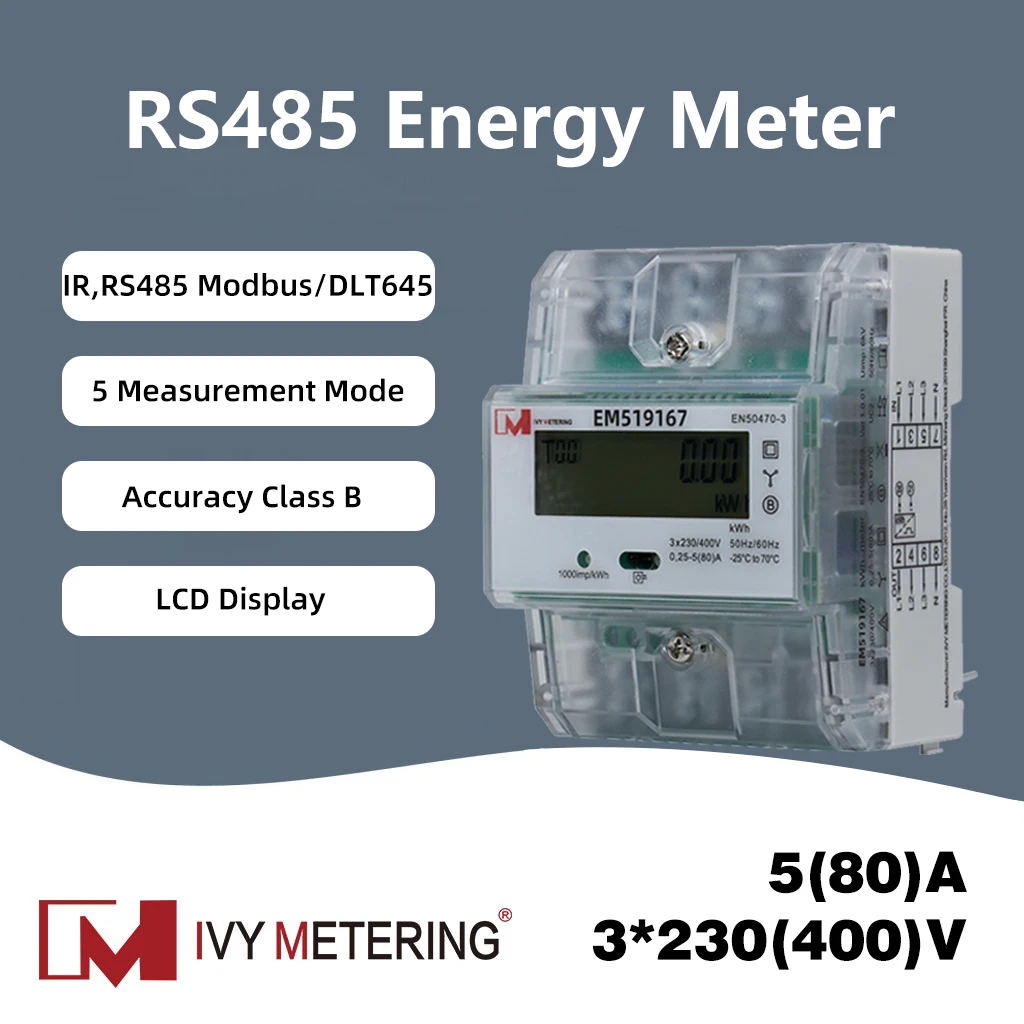 

Трехфазный многофункциональный интеллектуальный счетчик IVY EM519167-EM519173, DIN-рейка 80 А, MID EN50470-3, измерение кВтч с RS485/IR