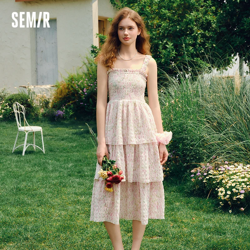 

Semir Dress Women Texture Chiffon Cake Skirt Resort Style 2025 New Summer Romantic Floral Suspender Dress Gentle