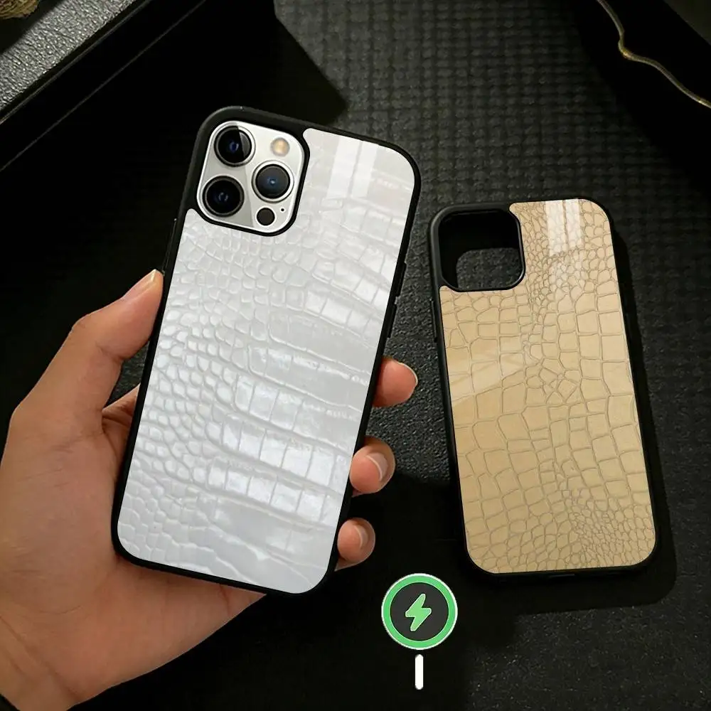 Crocodile Skin Phone Case For iPhone 17 16 15 14 13 12 Pro Max Plus for Mirror Wireless Magnetic Cover