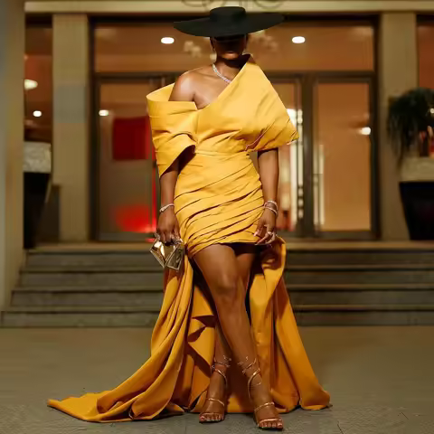 High Low Satin Prom Dresses Special Neckkine Pleats Plus Size Evening Dress For African Women