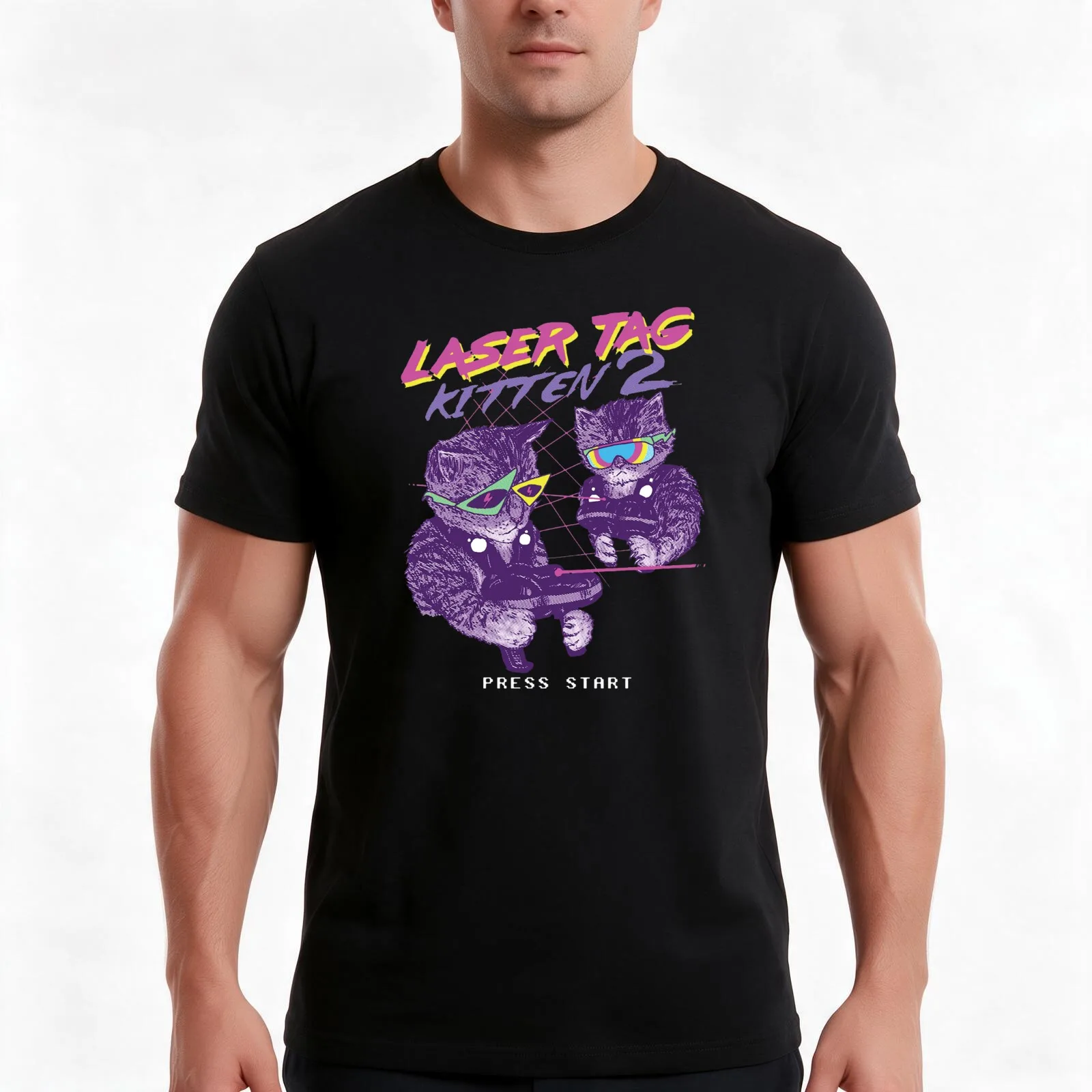 laser tag kitten T-Shirt, Summer Casual Cotton Tee, Oversized Streetwear Tops, Vintage Graphic Print, Loose Fit Short Sleeve