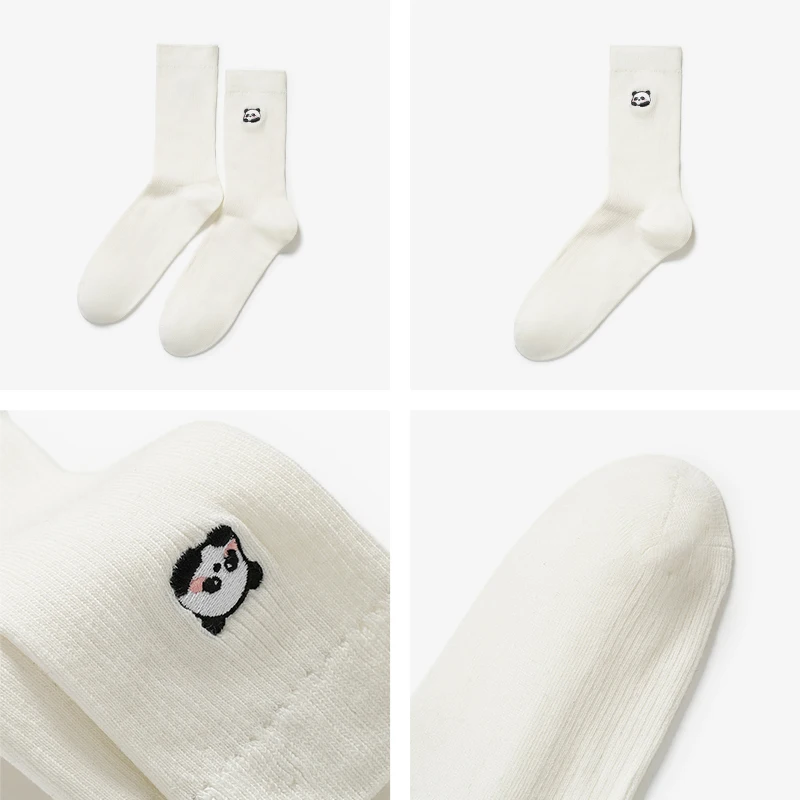 BEAUTODAY Mid-Calf Socks Women Cotton Solid Color Panda Embroidery Breathable Ladies Casual Socks Handmade 97005