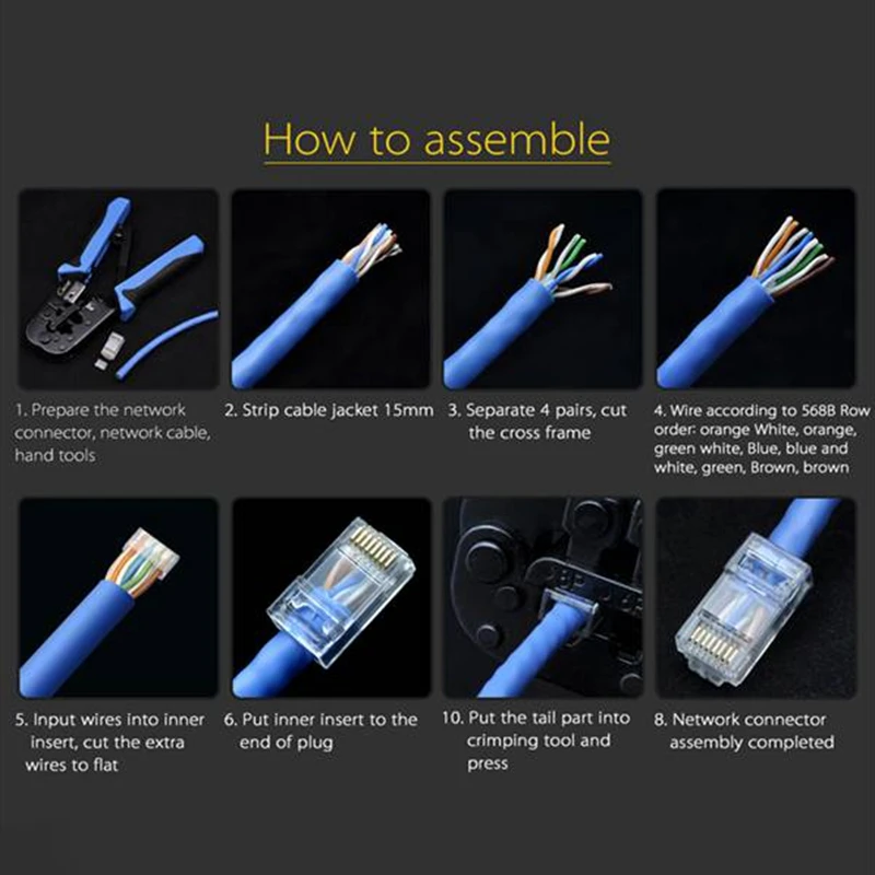 Connecteur Cat6 RJ45, câble UTP, prise Ethernet 8P8C réseau CAT 6, fiches modulaires avec capuchons RJ45 de 6.5Mm, 100 pièces