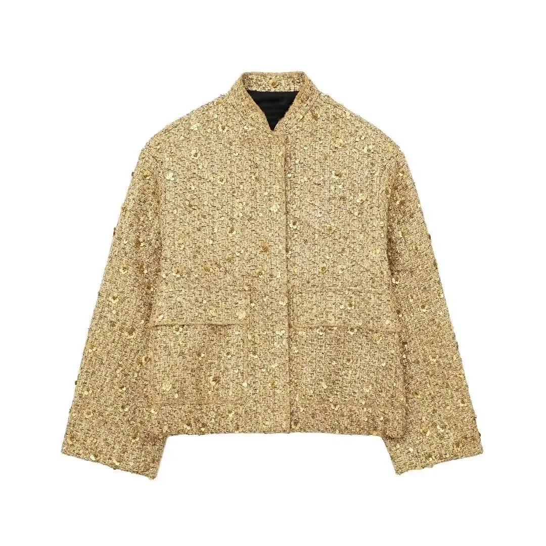 

HH Women Fashion Gold Sequin Coat Casual Loose Stand Collar Long Sleeve Jacket Y2k Vintage Autumn Female High Street Jakcet