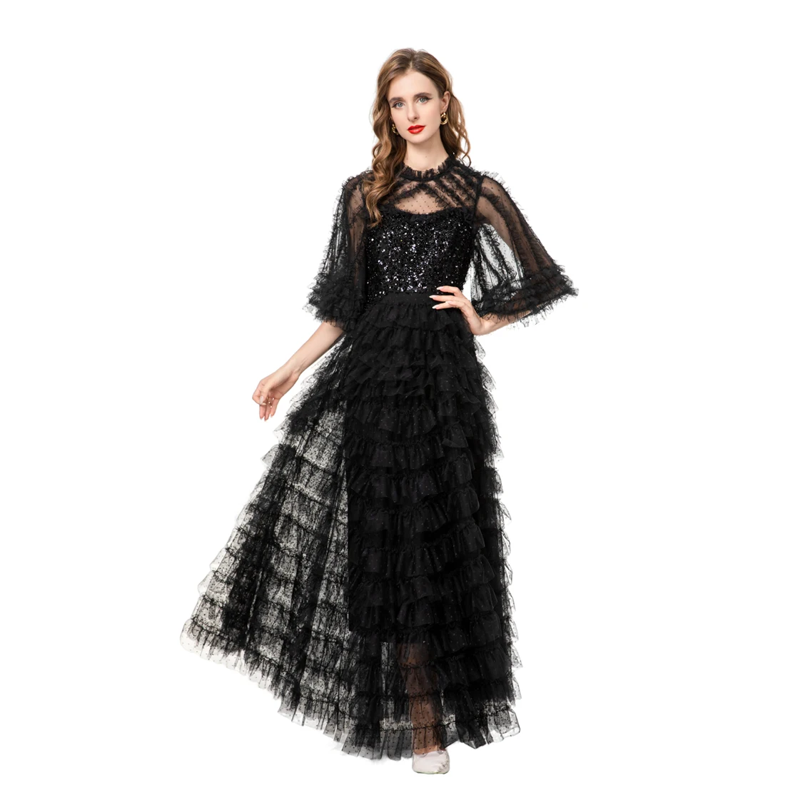 Vestidos femininos o pescoço mangas curtas em camadas babados lantejoulas designer elegante maxi festa de formatura vestido plus size S-4XL